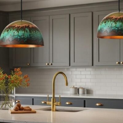Handmade Moroccan Copper Pendant Light: Green Patina Dome Ceiling Lamp
