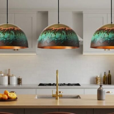 Handmade Moroccan Copper Pendant Light: Green Patina Dome Ceiling Lamp