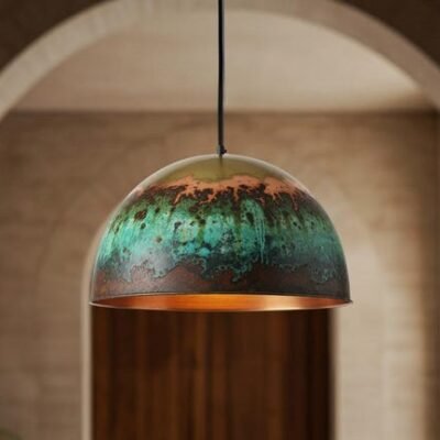 Handmade Moroccan Copper Pendant Light: Green Patina Dome Ceiling Lamp