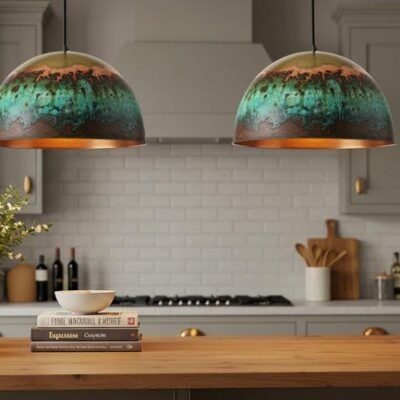 Handmade Moroccan Copper Pendant Light: Green Patina Dome Ceiling Lamp Handmade Moroccan Copper Pendant Light: Green Patina Dome Ceiling Lamp