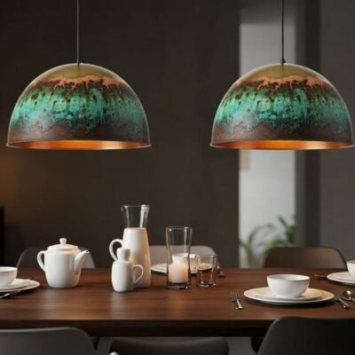 Handmade Moroccan Copper Pendant Light: Green Patina Dome Ceiling Lamp