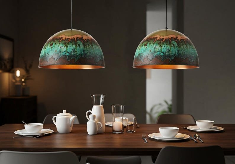Handmade Moroccan Copper Pendant Light: Green Patina Dome Ceiling Lamp Handmade Moroccan Copper Pendant Light: Green Patina Dome Ceiling Lamp