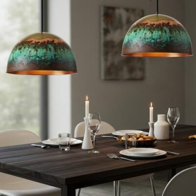 Handmade Moroccan Copper Pendant Light: Green Patina Dome Ceiling Lamp Handmade Moroccan Copper Pendant Light: Green Patina Dome Ceiling Lamp