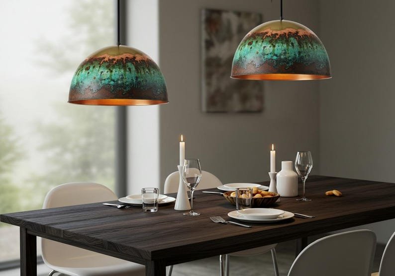 Handmade Moroccan Copper Pendant Light: Green Patina Dome Ceiling Lamp