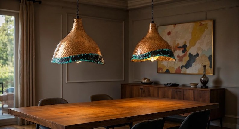 Handcrafted Hammered Copper Pendant Light: Green Patina Dome Lamp Handcrafted Hammered Copper Pendant Light: Green Patina Dome Lamp