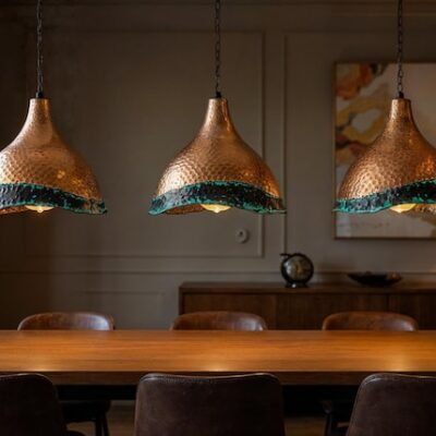 Handcrafted Hammered Copper Pendant Light: Green Patina Dome Lamp Handcrafted Hammered Copper Pendant Light: Green Patina Dome Lamp