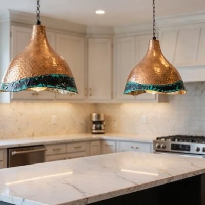 products-GreenPatinaDomeLamp33 Two-Tone Hammered Bell Pendant Green Patina & Copper Lamp