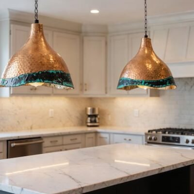 Handcrafted Hammered Copper Pendant Light: Green Patina Dome Lamp Handcrafted Hammered Copper Pendant Light: Green Patina Dome Lamp