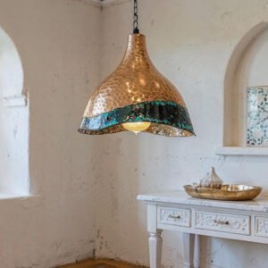 products-GreenPatinaDomeLamp44-300x300 Two-Tone Hammered Bell Pendant Green Patina & Copper Lamp