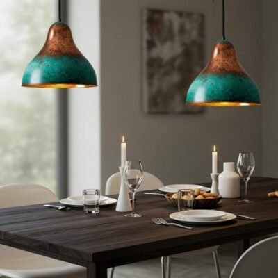 Hammered Copper Dome Pendant Light: Green Patina Moroccan Chandelier