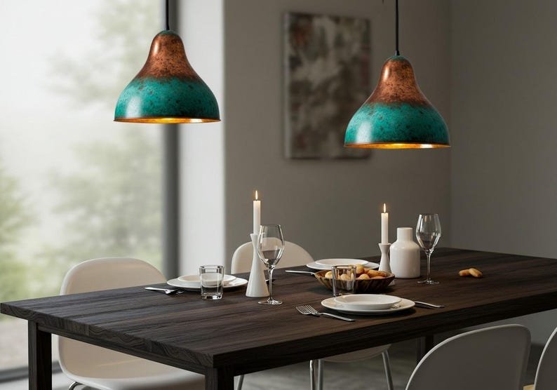 Hammered Copper Dome Pendant Light: Green Patina Moroccan Chandelier