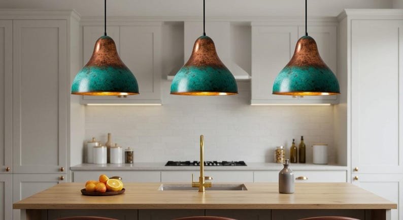 Hammered Copper Dome Pendant Light: Green Patina Moroccan Chandelier