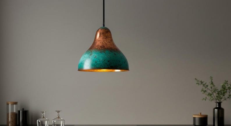 Hammered Copper Dome Pendant Light: Green Patina Moroccan Chandelier