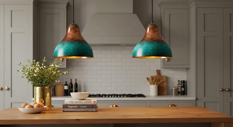Hammered Copper Dome Pendant Light: Green Patina Moroccan Chandelier