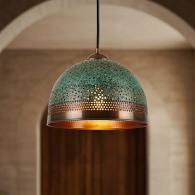 Handmade Brass Dome Pendant Lamp: Green Patina, Moroccan Style Handmade Brass Dome Pendant Lamp: Green Patina, Moroccan Style