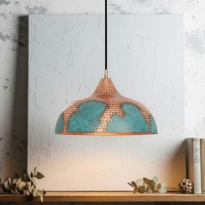 Handmade Copper Pendant Light: Green Patina, Moroccan Style