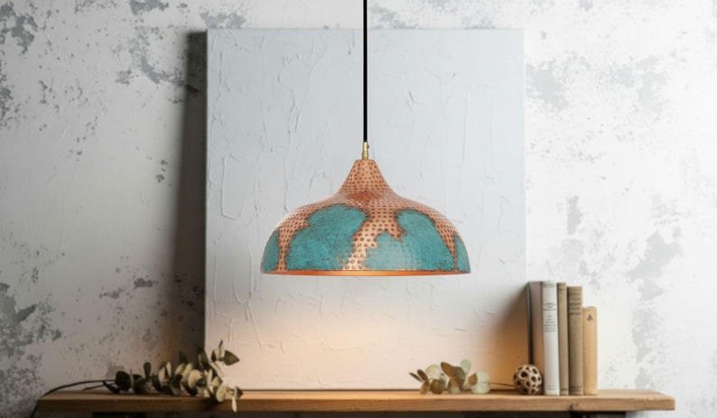 Handmade Copper Pendant Light: Green Patina, Moroccan Style