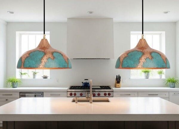 Hammered Copper and Green Patina Bell Moroccan Style Pendant