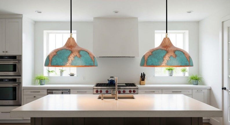 Handmade Copper Pendant Light: Green Patina, Moroccan Style