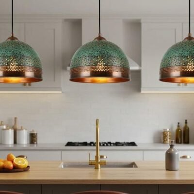 Handmade Brass Dome Pendant Lamp: Green Patina, Moroccan Style Handmade Brass Dome Pendant Lamp: Green Patina, Moroccan Style