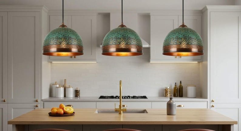 Handmade Brass Dome Pendant Lamp: Green Patina, Moroccan Style Handmade Brass Dome Pendant Lamp: Green Patina, Moroccan Style