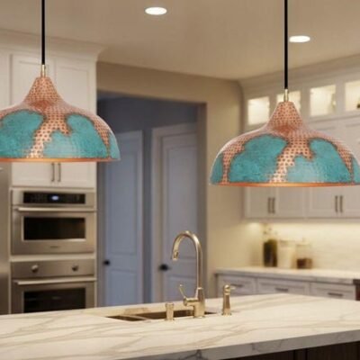 Handmade Copper Pendant Light: Green Patina, Moroccan Style