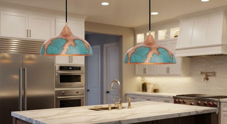 Handmade Copper Pendant Light: Green Patina, Moroccan Style