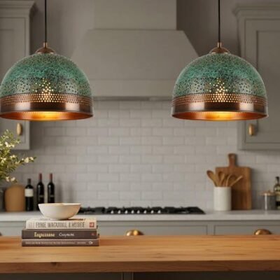 Handmade Brass Dome Pendant Lamp: Green Patina, Moroccan Style Handmade Brass Dome Pendant Lamp: Green Patina, Moroccan Style