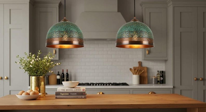 Handmade Brass Dome Pendant Lamp: Green Patina, Moroccan Style Handmade Brass Dome Pendant Lamp: Green Patina, Moroccan Style