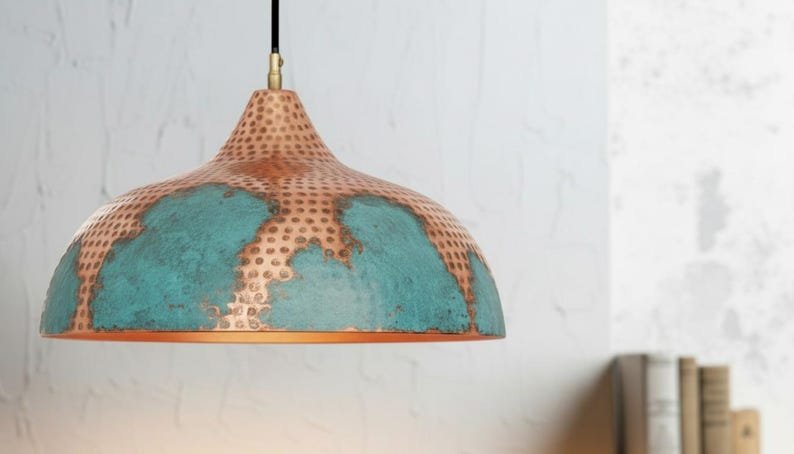 Handmade Copper Pendant Light: Green Patina, Moroccan Style