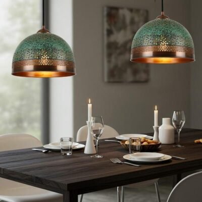 Handmade Brass Dome Pendant Lamp: Green Patina, Moroccan Style Handmade Brass Dome Pendant Lamp: Green Patina, Moroccan Style