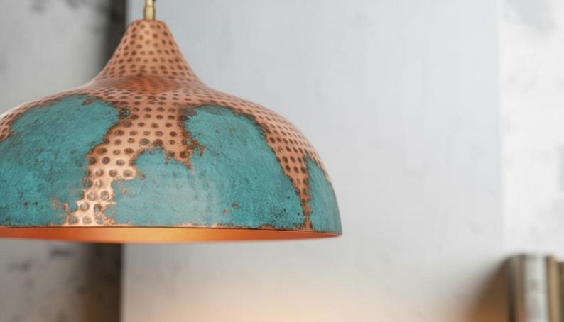 Handmade Copper Pendant Light: Green Patina, Moroccan Style