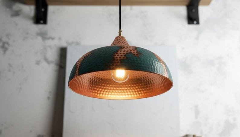 Handmade Copper Pendant Light: Green Patina, Moroccan Style