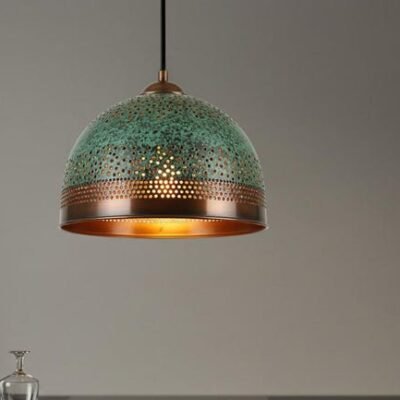 Handmade Brass Dome Pendant Lamp: Green Patina, Moroccan Style Handmade Brass Dome Pendant Lamp: Green Patina, Moroccan Style