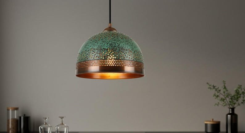 Handmade Brass Dome Pendant Lamp: Green Patina, Moroccan Style Handmade Brass Dome Pendant Lamp: Green Patina, Moroccan Style