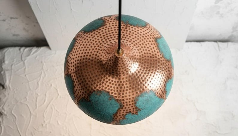 Handmade Copper Pendant Light: Green Patina, Moroccan Style