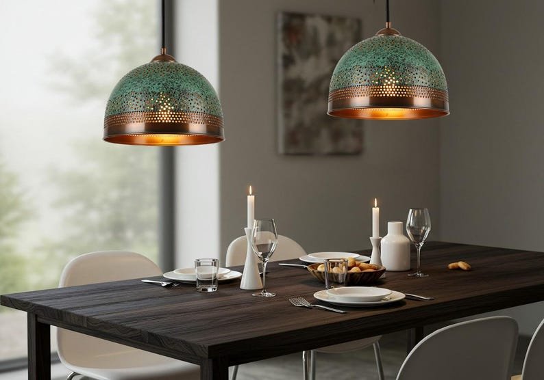 Handmade Brass Dome Pendant Lamp: Green Patina, Moroccan Style Handmade Brass Dome Pendant Lamp: Green Patina, Moroccan Style