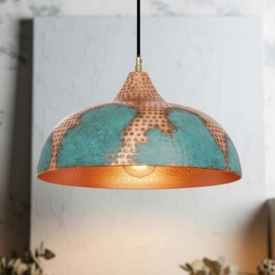 Handmade Copper Pendant Light: Green Patina, Moroccan Style