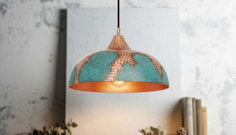 Handmade Copper Pendant Light: Green Patina, Moroccan Style