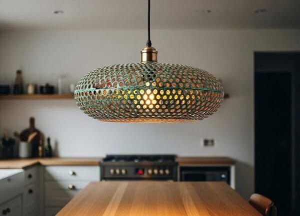 products-HandmadeBohoGreenCeilingLamp3 Boho Green Perforated Disc Handmade Kitchen Ceiling Lamp
