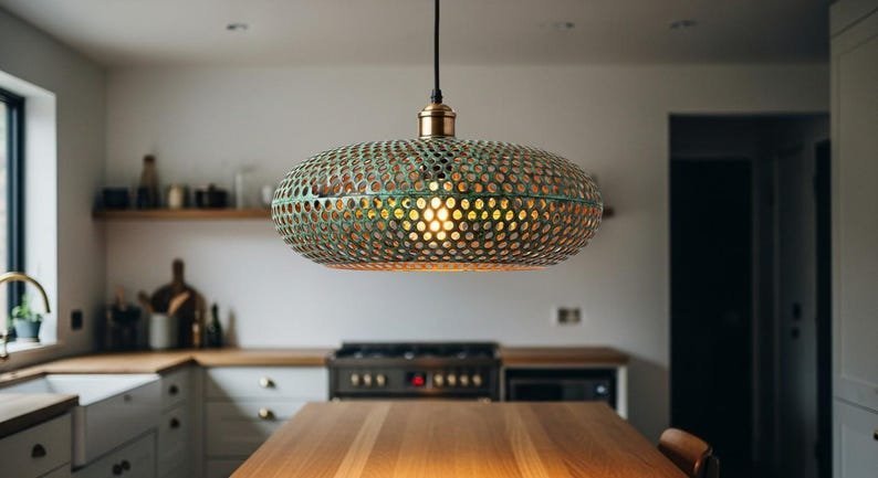 products-HandmadeBohoGreenCeilingLamp3 Boho Green Perforated Disc Handmade Kitchen Ceiling Lamp