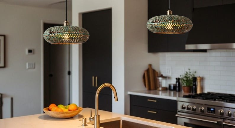 Moroccan Patina Brass Pendant Light: Handmade Boho Green Ceiling Lamp Moroccan Patina Brass Pendant Light: Handmade Boho Green Ceiling Lamp