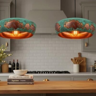 Dome Pendant Light – Patina Green Copper Hanging Lamp – Hammered Handmade Ceiling Light Fixture