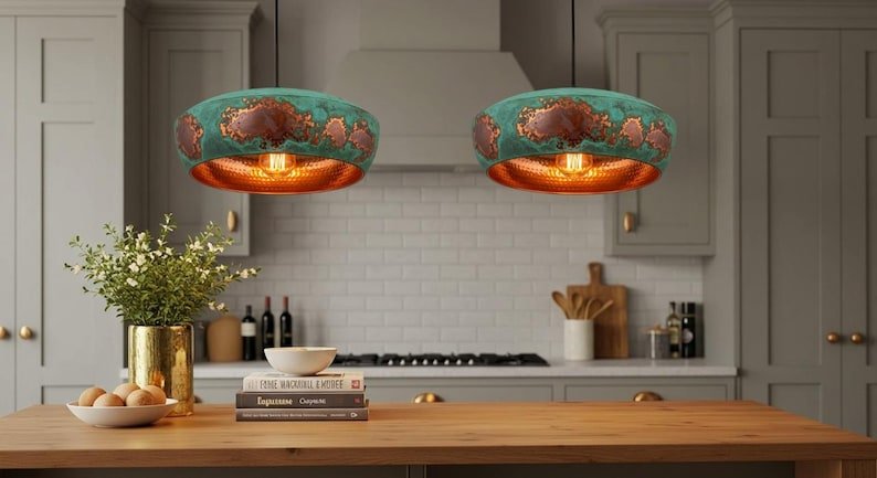 Dome Pendant Light – Patina Green Copper Hanging Lamp – Hammered Handmade Ceiling Light Fixture