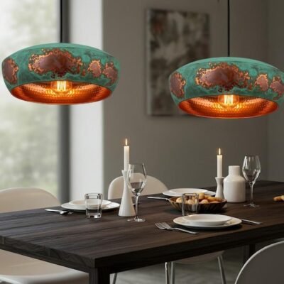 Dome Pendant Light – Patina Green Copper Hanging Lamp – Hammered Handmade Ceiling Light Fixture
