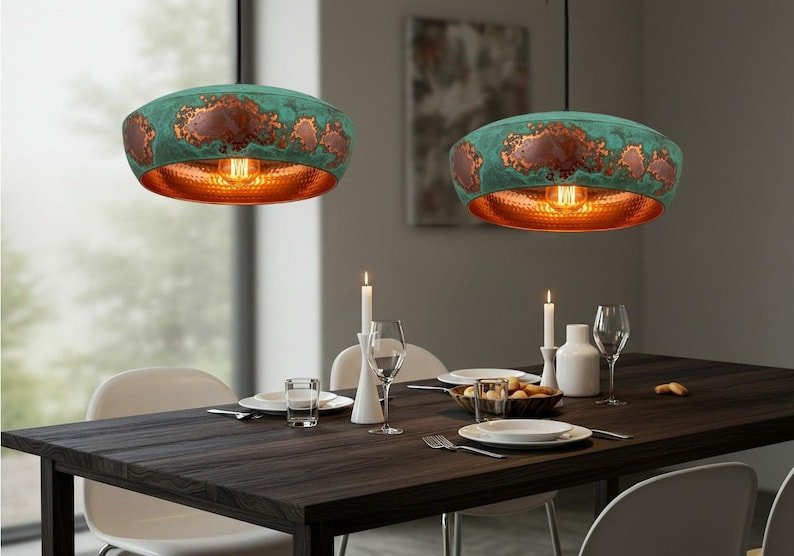 Dome Pendant Light – Patina Green Copper Hanging Lamp – Hammered Handmade Ceiling Light Fixture