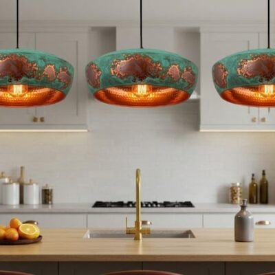 Dome Pendant Light – Patina Green Copper Hanging Lamp – Hammered Handmade Ceiling Light Fixture