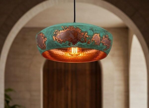 products-HandmadeCeilingLightFixture5 Green Patina Dome Pendant Rustic Copper Ceiling Lamp