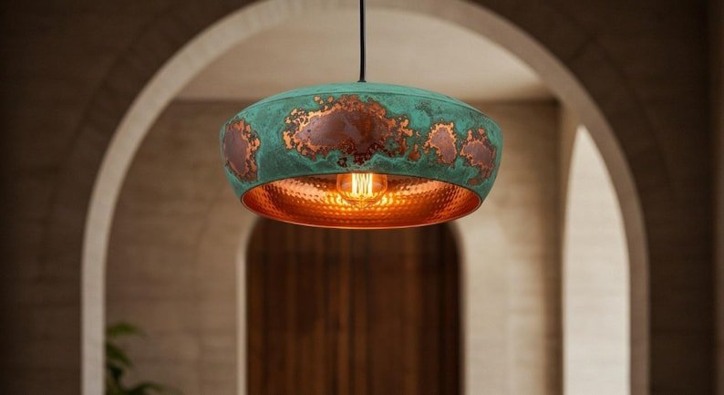 Green Patina Dome Pendant Rustic Copper Ceiling Lamp