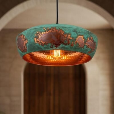 Dome Pendant Light – Patina Green Copper Hanging Lamp – Hammered Handmade Ceiling Light Fixture